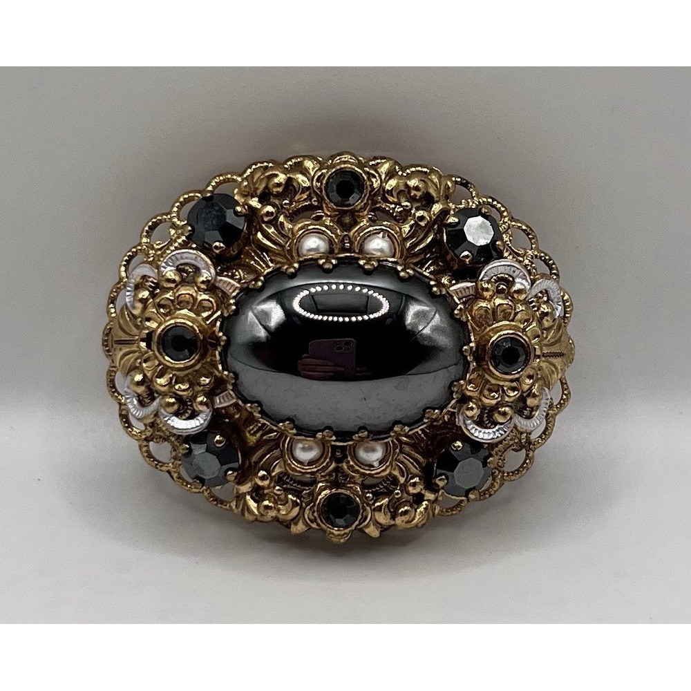 Vintage Filigree Hematite Pearl Rhinestone Brooch Signed Inverted West Germany